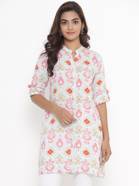 

JAVTA White & Pink Mandarin Collar Printed Cotton Tunic