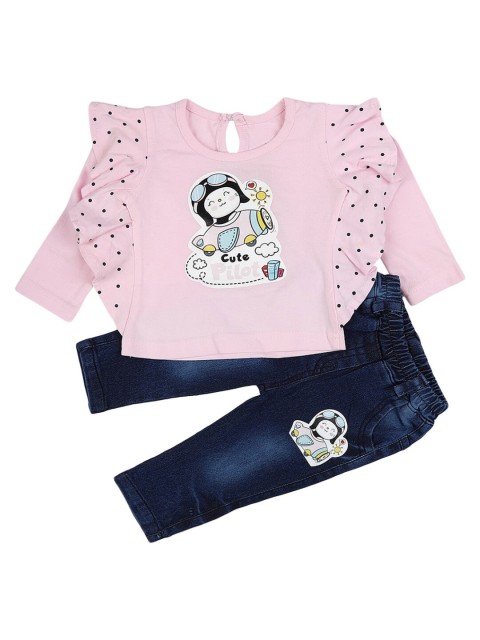 

V-Mart Girls Pink & White Printed Pure Cotton Top with Trouser