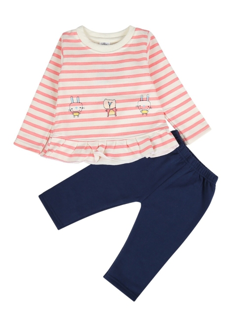 

V-Mart Girls Off White & Navy Blue Striped Cotton Top with Trousers