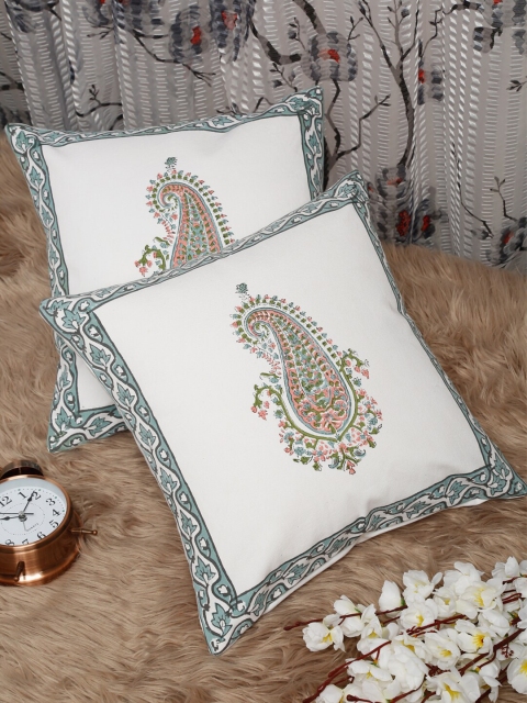 

HOSTA HOMES White & Green Set of 2 Ethnic Motifs Cotton Square Cushion Covers