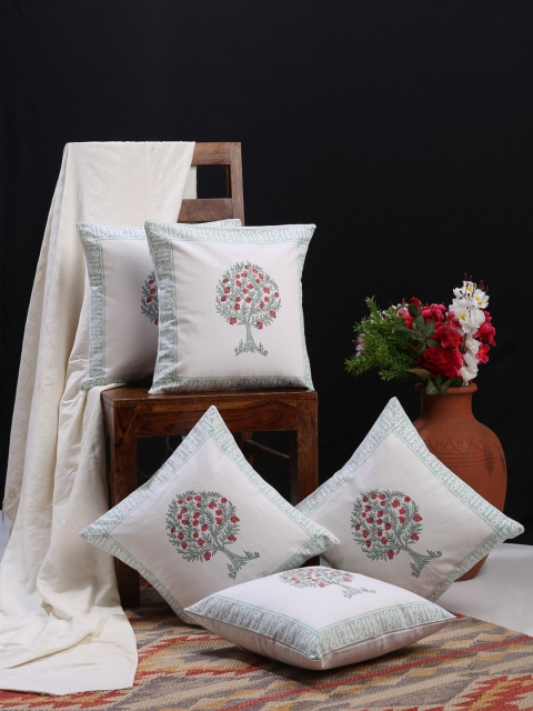 

HOSTA HOMES Set of 5 White & Green Ethnic Motifs Cotton Square Cushion Covers