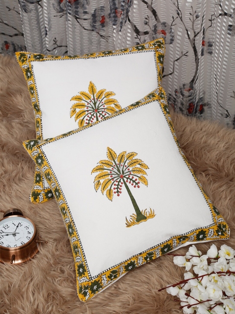

HOSTA HOMES Set of 2 White & Mustard Ethnic Motifs Cotton Square Cushion Covers