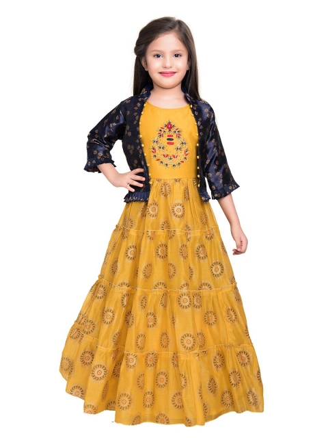 

BETTY Yellow & Navy Blue Floral Satin Maxi Dress With Jacket