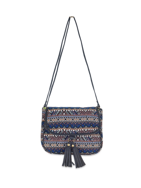 

Kanvas Katha Navy Blue Ethnic Motifs Printed Structured Sling Bag with Tasselled