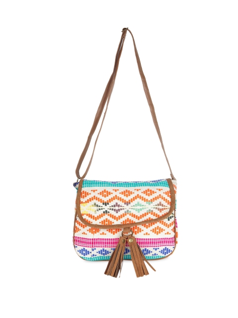 

Kanvas Katha Multicoloured Geometric Bucket Sling Bag with Tasselled, Multi