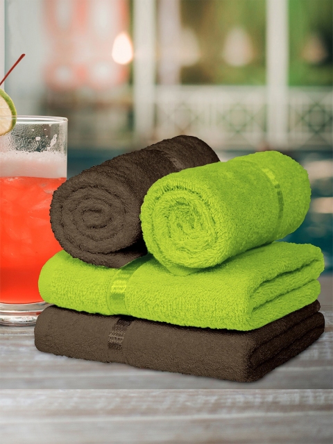 

Story@home Set Of 4 Brown & Green Solid Cotton Hand Towels