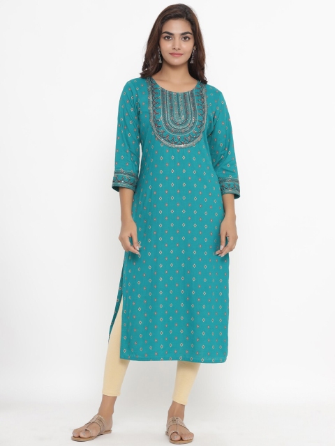 

JAVTA Women Turquoise Blue Geometric Printed Thread Work Pure Cotton Kurta