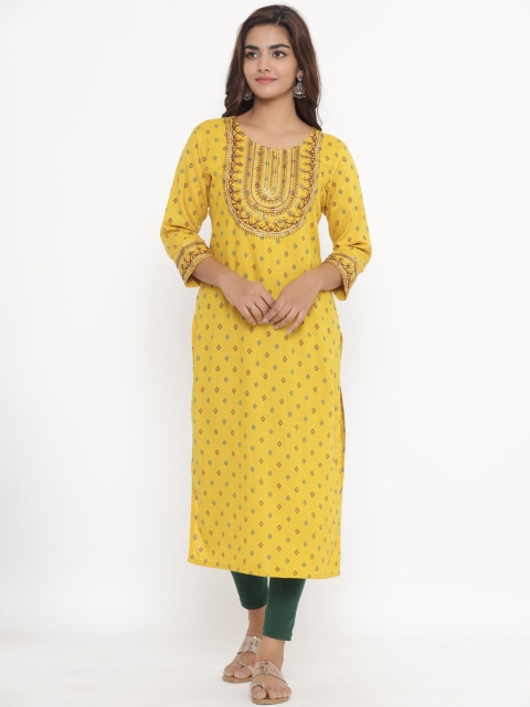 

JAVTA Women Yellow Embroidered Thread Work Floral Kurta