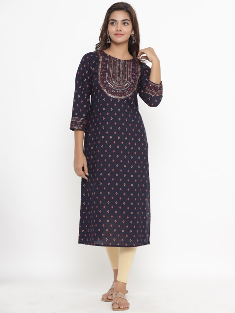 

JAVTA Women Blue Embroidered Straight Pure Cotton Kurta