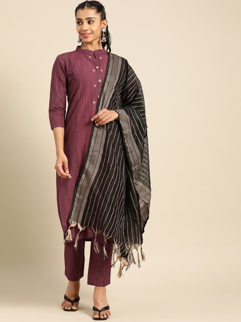 

Prakhya Women Burgundy Striped Kurta with Trousers & With Dupatta