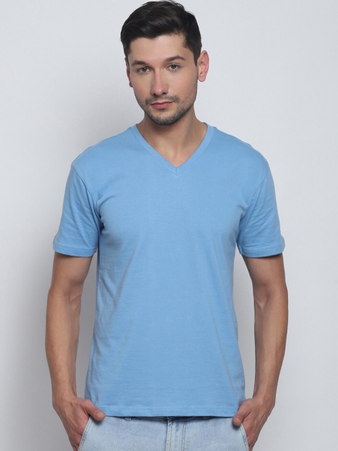

Melangebox Men Blue Pure Cotton V-Neck T-shirt