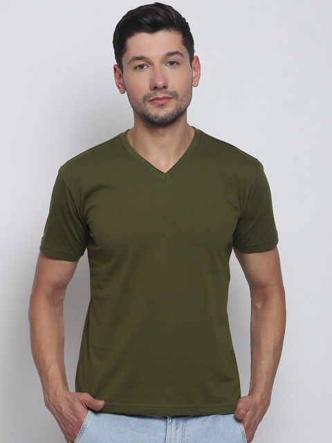 

Melangebox Men Olive Green Solid V-Neck Pure Cotton T-shirt
