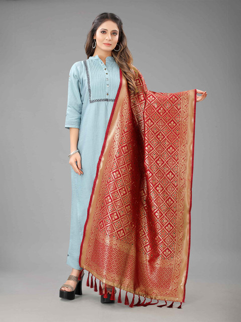 

Silk Land Red & Gold-Toned Ethnic Motifs Woven Design Banarasi Dupatta with Zari