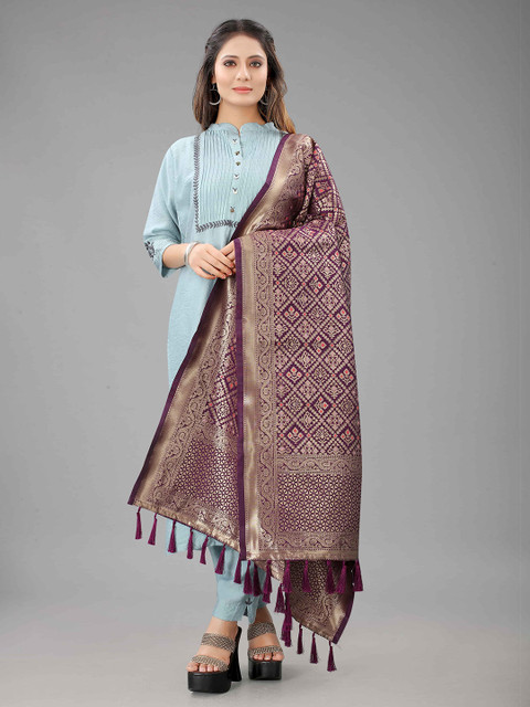 

Silk Land Burgundy & Gold-Toned Ethnic Motifs Woven Design Dupatta with Zari