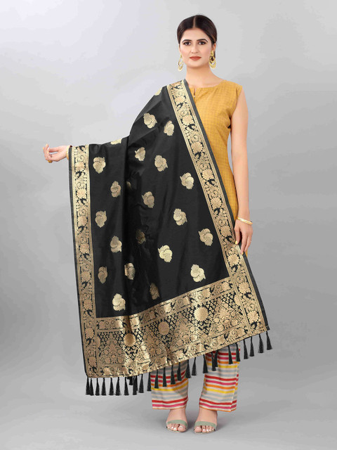

Silk Land Black Ethnic Motifs Woven Design Jacquared Banarasi Dupatta with Zari