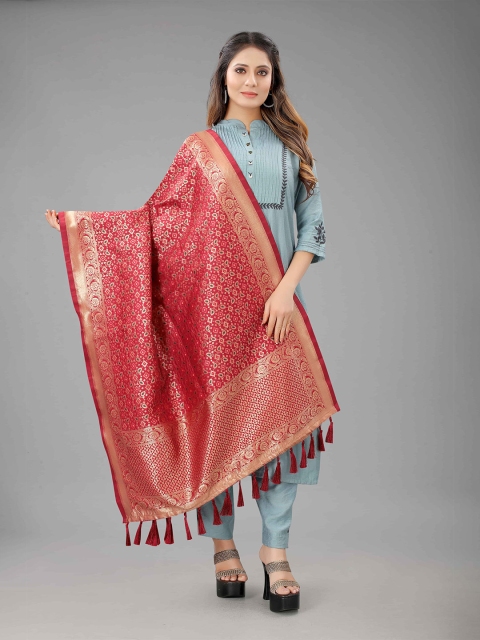 

Silk Land Red & Gold-Toned Ethnic Motifs Woven Design Dupatta with Zari