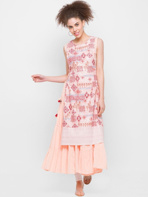 

ZOLA Women Peach-Coloured Embroidered Thread Work Anarkali Cotton Kurta