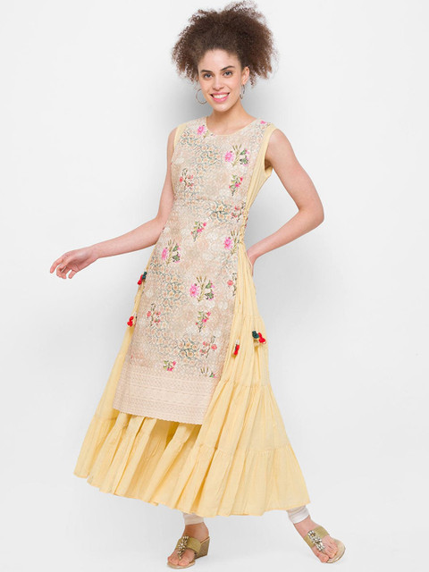 

ZOLA Women Yellow Embroidered Thread Work Anarkali Cotton Kurta