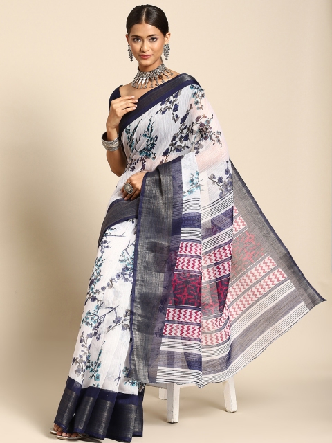 

Anouk Off White & Navy Blue Floral Printed Saree