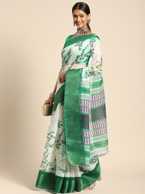 

Anouk Off White & Green Floral Saree
