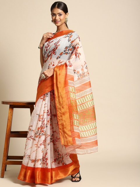 

Anouk Off White & Orange Floral Print Saree