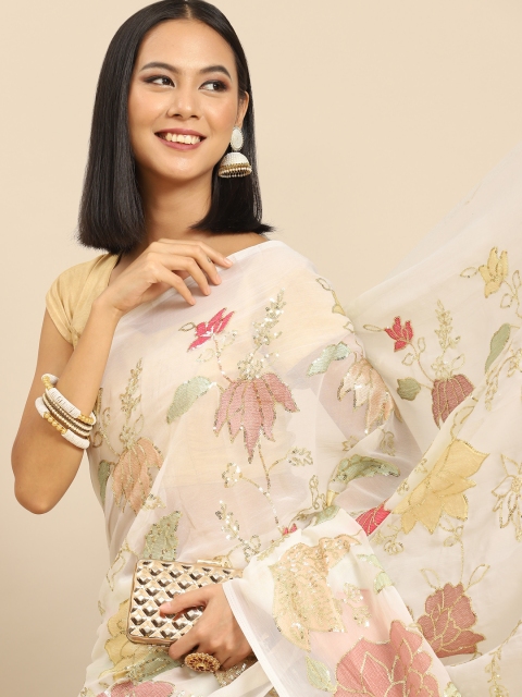

Anouk Cream-Coloured Floral Embroidered Sequinned Saree