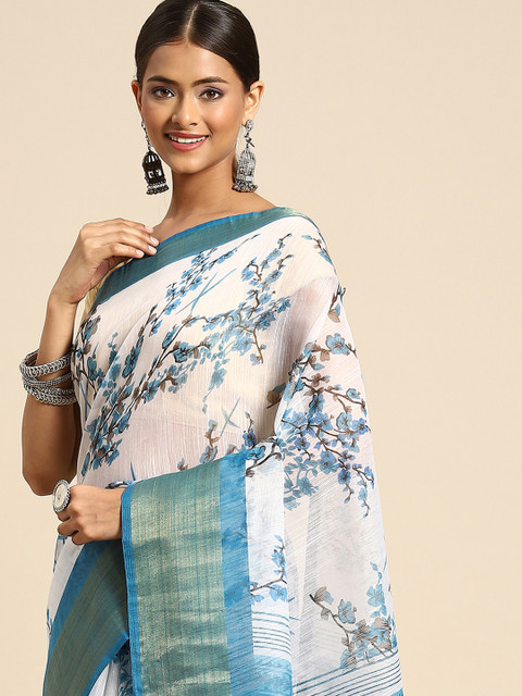 

Anouk Off White & Teal Blue Floral Print Saree