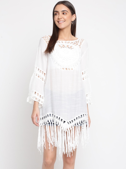 

iki chic Women White Crochet Detailing Fringed Beach Dress