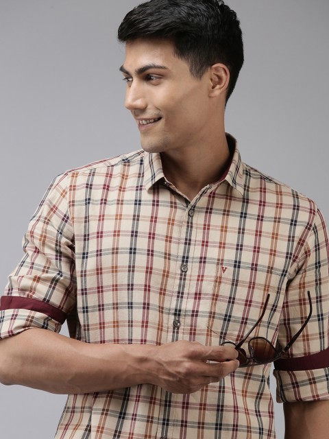 

Van Heusen Sport Men Beige & Maroon Slim Fit Checked Pure Cotton Casual Shirt
