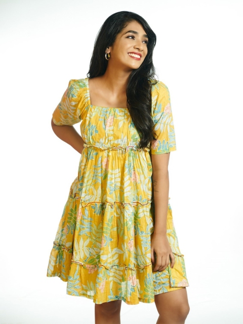 

Threeness Yellow Floral Cotton Empire Dress