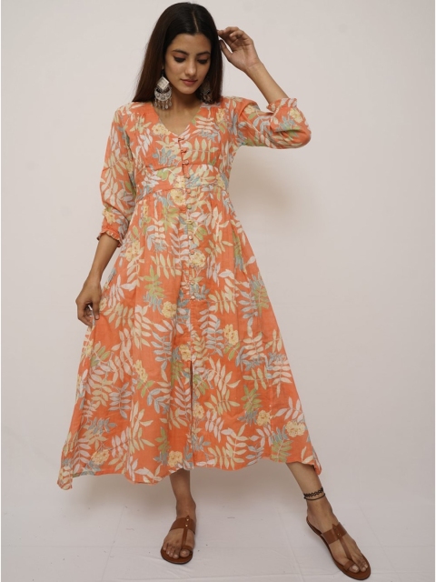 

Threeness Orange & Beige Floral A-Line Midi Dress