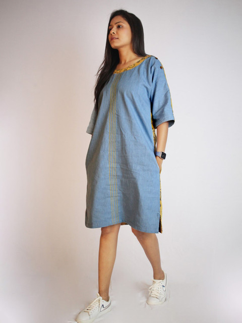 

Threeness Mustard Yellow & Blue Pure Cotton A-Line Dress