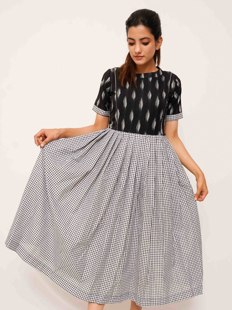 

Threeness Black & White Checked Midi Fit & Flare Dress