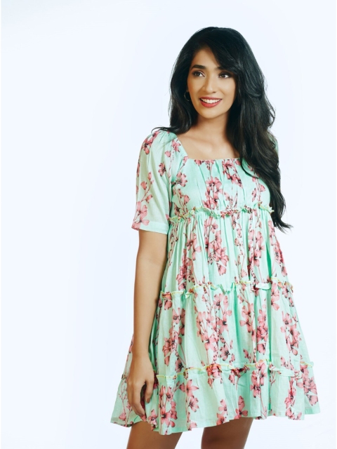 

Threeness Blue & Peach-Coloured Floral A-Line Dress