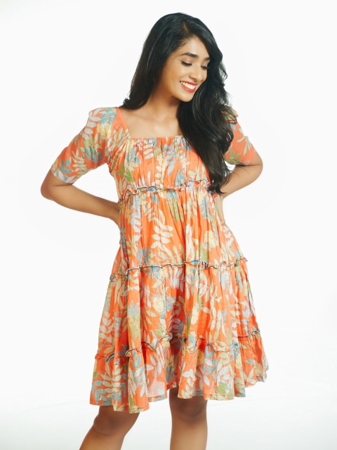 

Threeness Orange & White Tropical Printed Tiered Dress