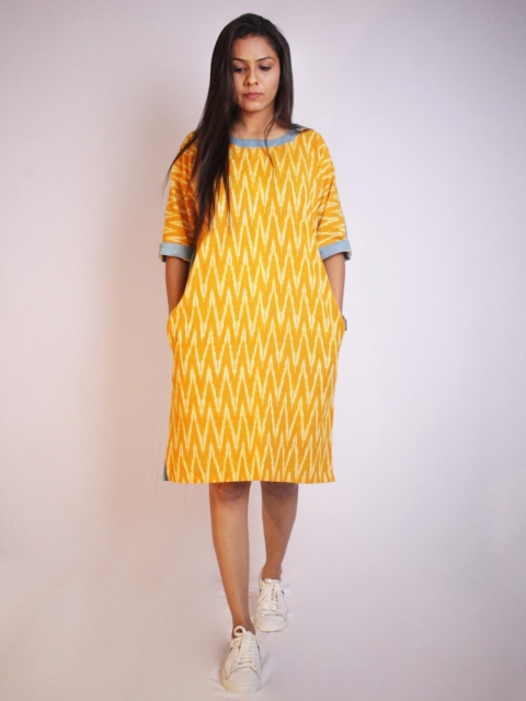 

Threeness Yellow & Blue Ikat Denim Cotton Sheath Dress