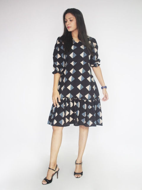 

Threeness Black Printed Cotton A-Line Dress