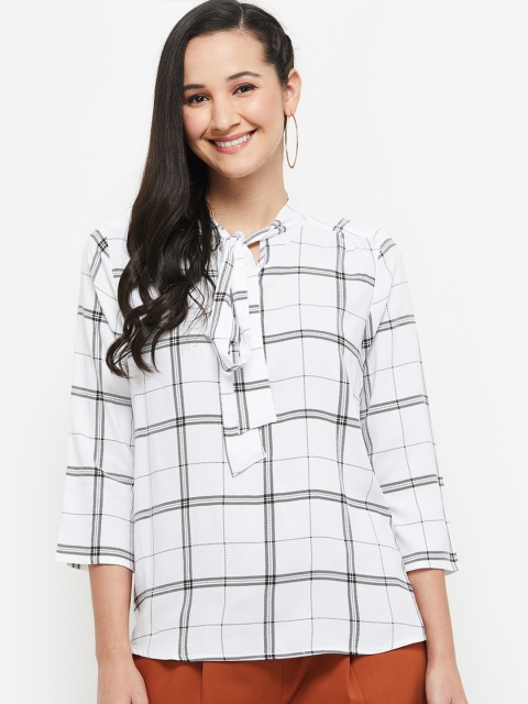 

max Women White Checked Tie-Up Neck Top