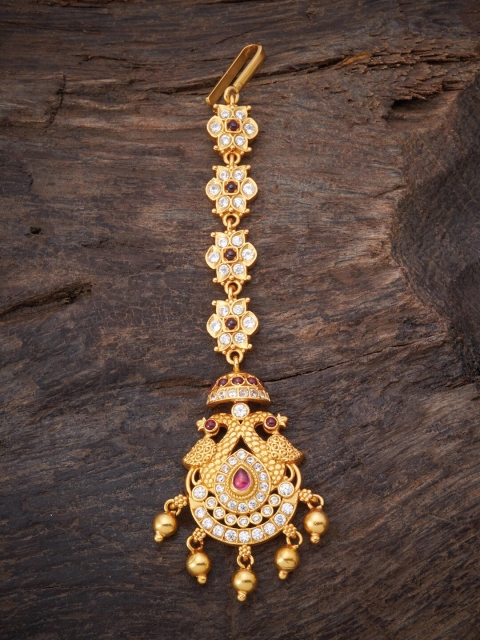 

Kushal's Fashion Jewellery 92.5 Silver-Plated Red & White Stone-Studded & Beaded Temple Maang Tikka