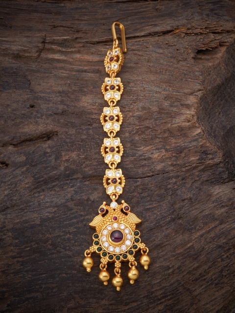 

Kushal's Fashion Jewellery 92.5 Sterling Silver Gold-Plated Red & Green Stone-Studded Maang Tikka