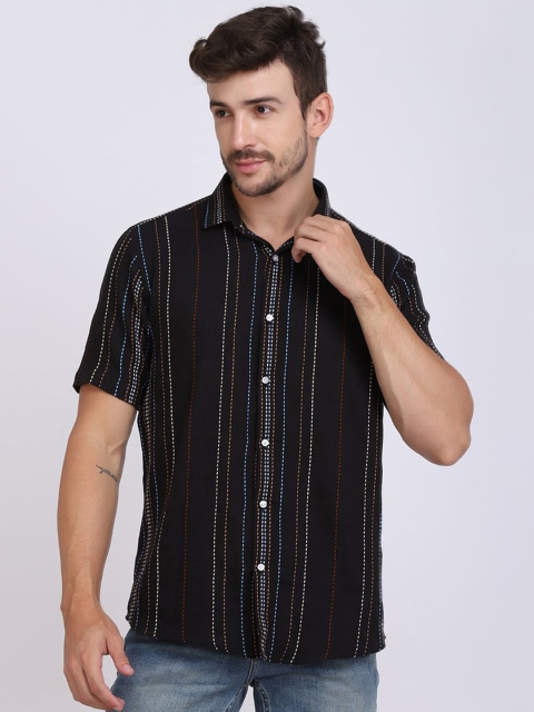 

JJAAGG T Men Black Classic Striped Casual Shirt