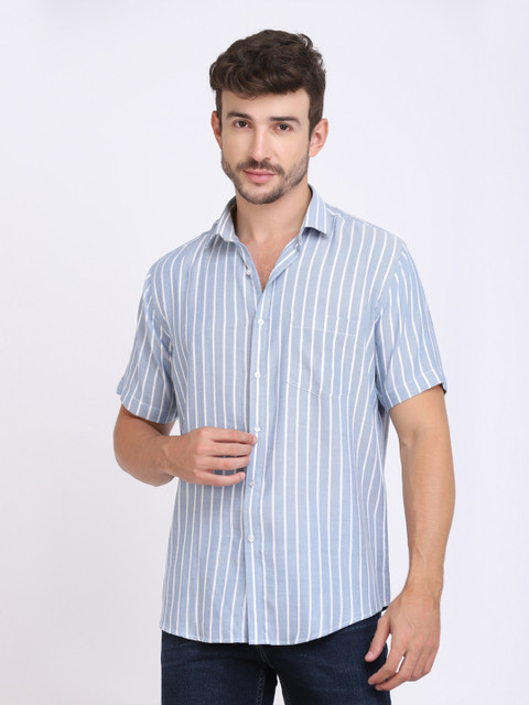 

JJAAGG T Men Blue Classic Slim Fit Striped Casual Shirt
