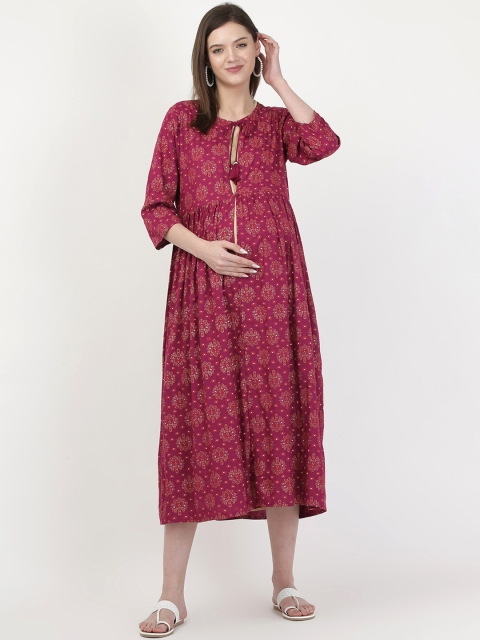 

MYLO ESSENTIALS Maternity Women Pink & Cream Floral Tie-Up Neck A-Line Midi Dress