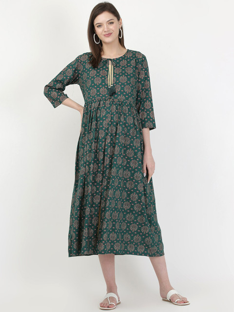 

MYLO ESSENTIALS Green Floral Tie-Up Neck Maternity Layered Midi Dress
