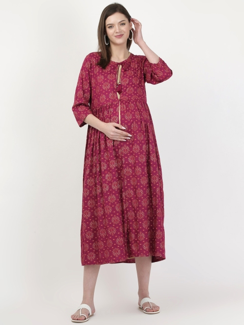 

MYLO ESSENTIALS Pink Floral Tie-Up Neck Maternity A-Line Midi Dress