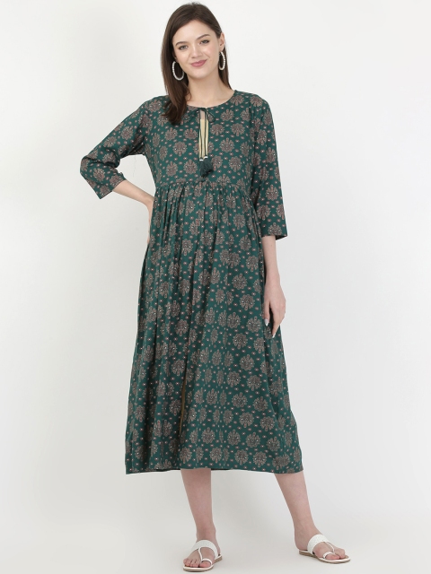 

MYLO ESSENTIALS Green & Beige Floral Maternity Double Layered Kurta Dress with Nursing Zipper