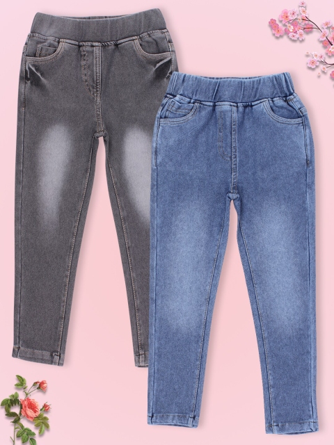 

CUTECUMBER Girls Grey & Blue Pack of 2 Solid Regular-Fit Cotton Jeggings