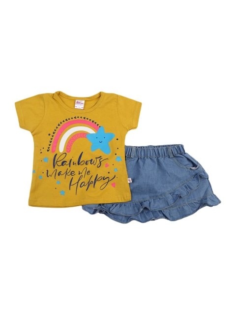 

V-Mart Girls Mustard & Blue Printed Pure Cotton Top with Skirt