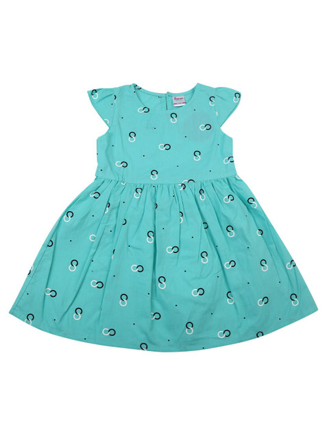 

V-Mart Girls Teal Abstract Printed Gathered Pure Cotton Fit & Flare Dress