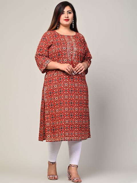 

Swasti Plus Size Women Maroon & Black Geometric Printed Gotta Patti Floral Straight Kurta